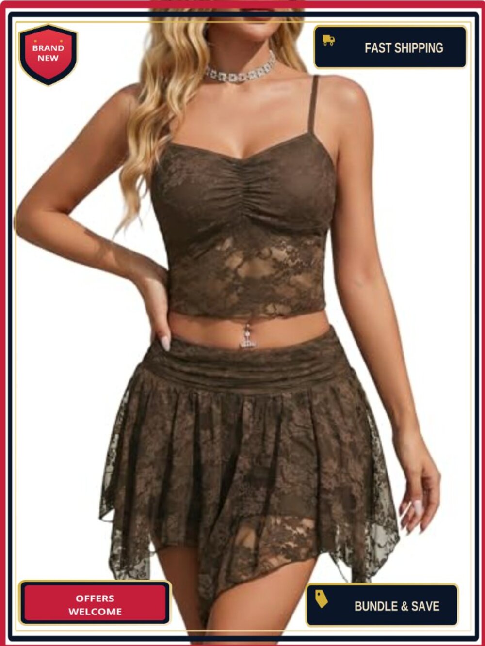 Lace 2 Piece Skirt Set Crop Top & Mini Skirt Y2K Party Outfit
